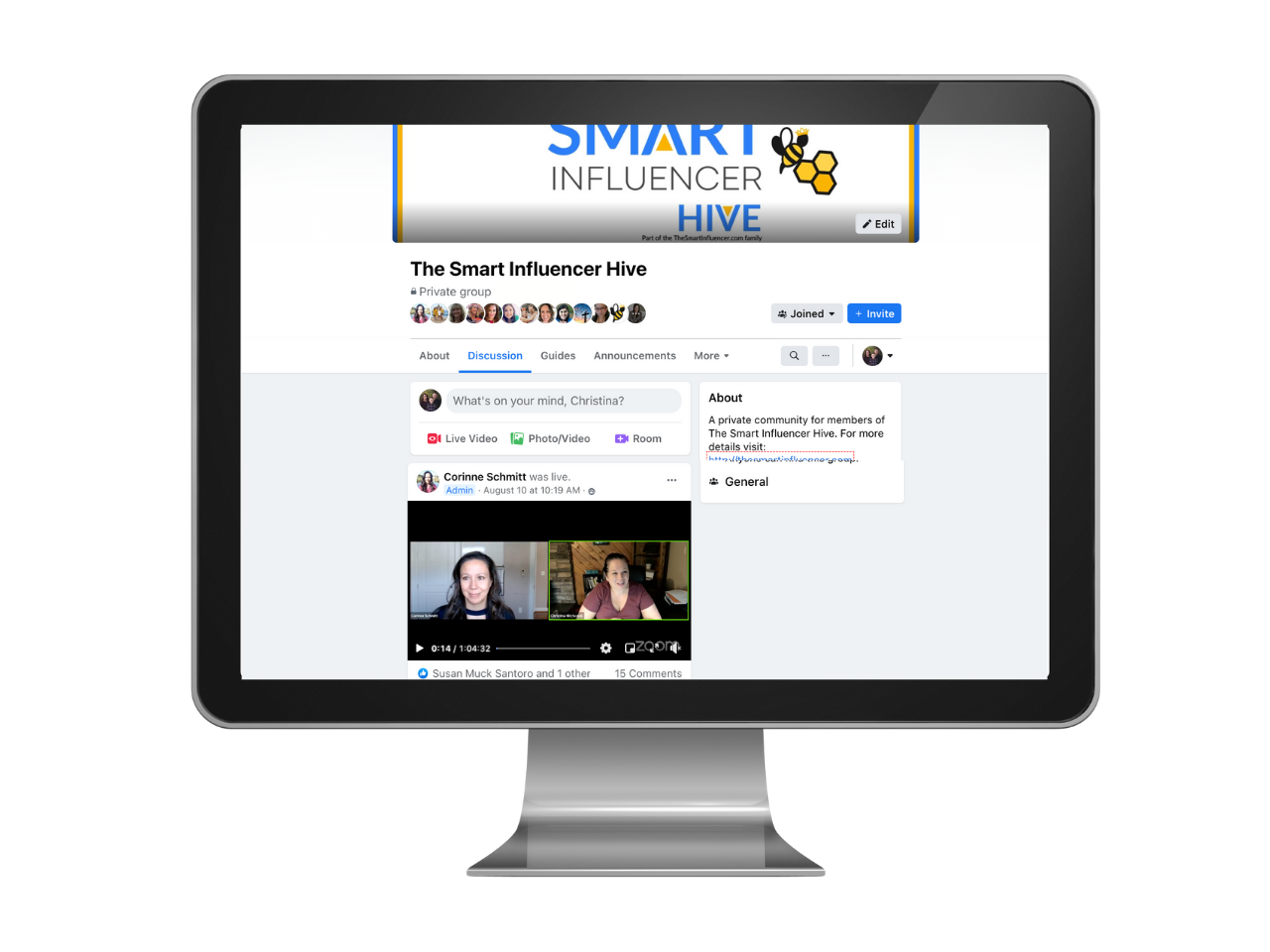 Screen shot of the smart influecer hive mentoring group on a computer screen