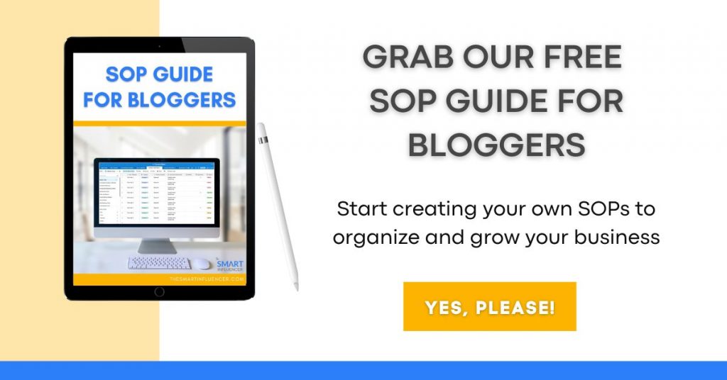 An image of SOP Guide for bloggers on an iPad and a button to download the free guide. 